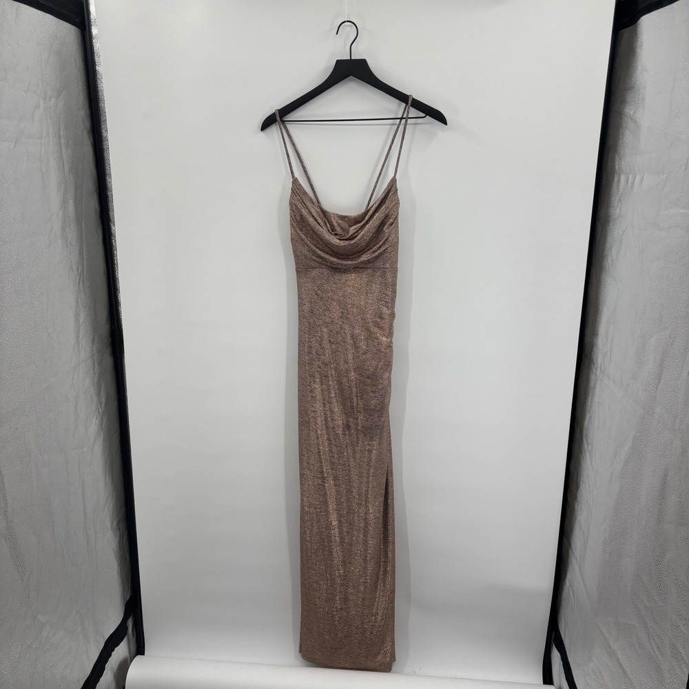 Metallic Maxi Gown Womens 14 Rose Gold Cowl Neck Open Back Homecoming Prom Dress